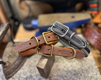 Handmade Leather Dog Collar, Full Grain Buffalo or English Bridle Leather, Optional Stitching, Brass or Stainless Buckle, Made in the USA