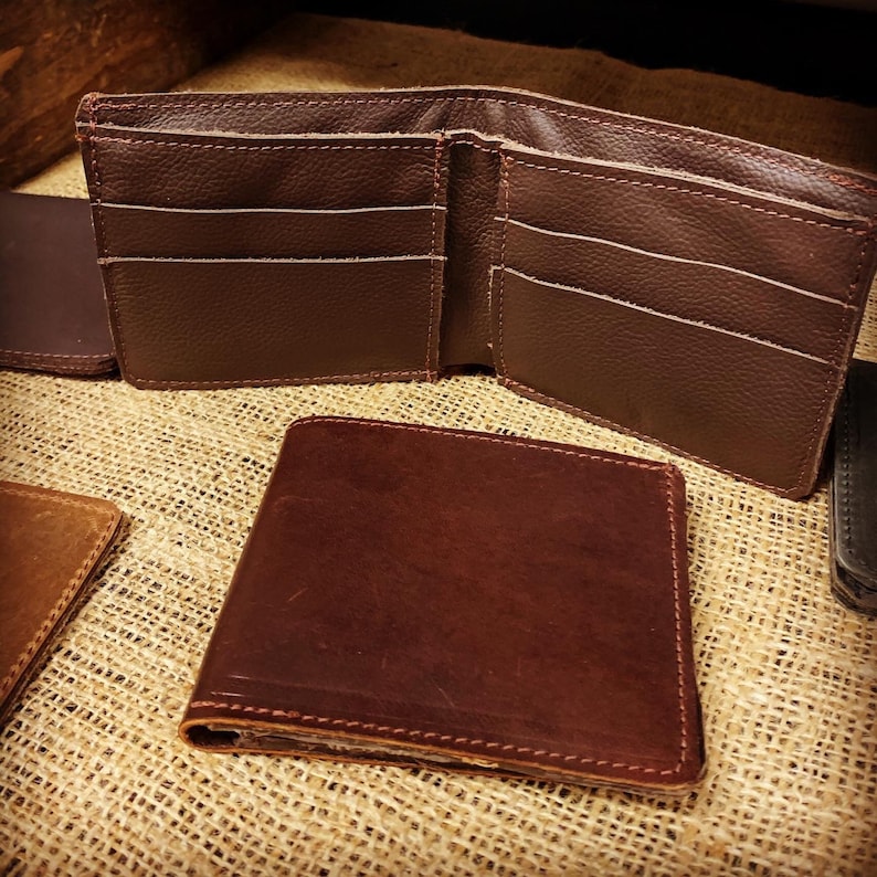 Leather Bifold Wallet English Bridle Leather Brown or Black Handmade Full Grain Optional Grommet for Chain Made in USA image 4