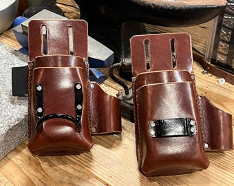 4-in-1 Tool Holder / Leather Utility Pouch with Hammer Holder or Tape Clip - Handmade Full Grain Bridle Leather - Made in the USA