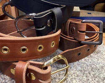 Vintage Deep Brown Bonded Top Genuine Leather Grommet Belt Size S Brown Full Grain Leather Double Grommet Belt, Handmade in  main image 2