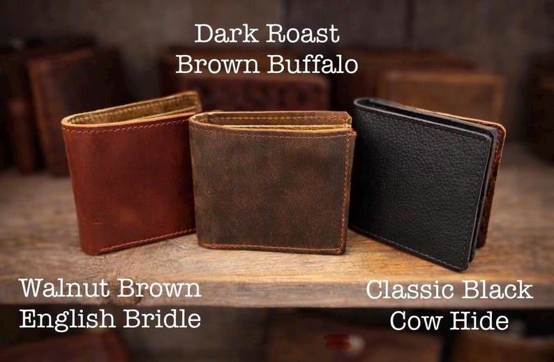 Leather Bifold Wallet, Brown, Black, Handmade Full Grain, Optional Grommet, Made in USA