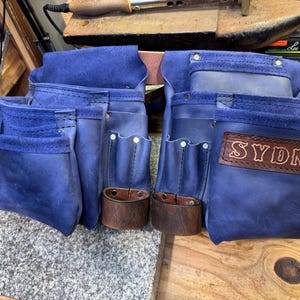 Blue Leather Tool Belt, Deluxe, Optional Suspenders, Drill Clip, Full Grain Leather, Premium Large Nail Bags, Handmade Amish, Made in USA