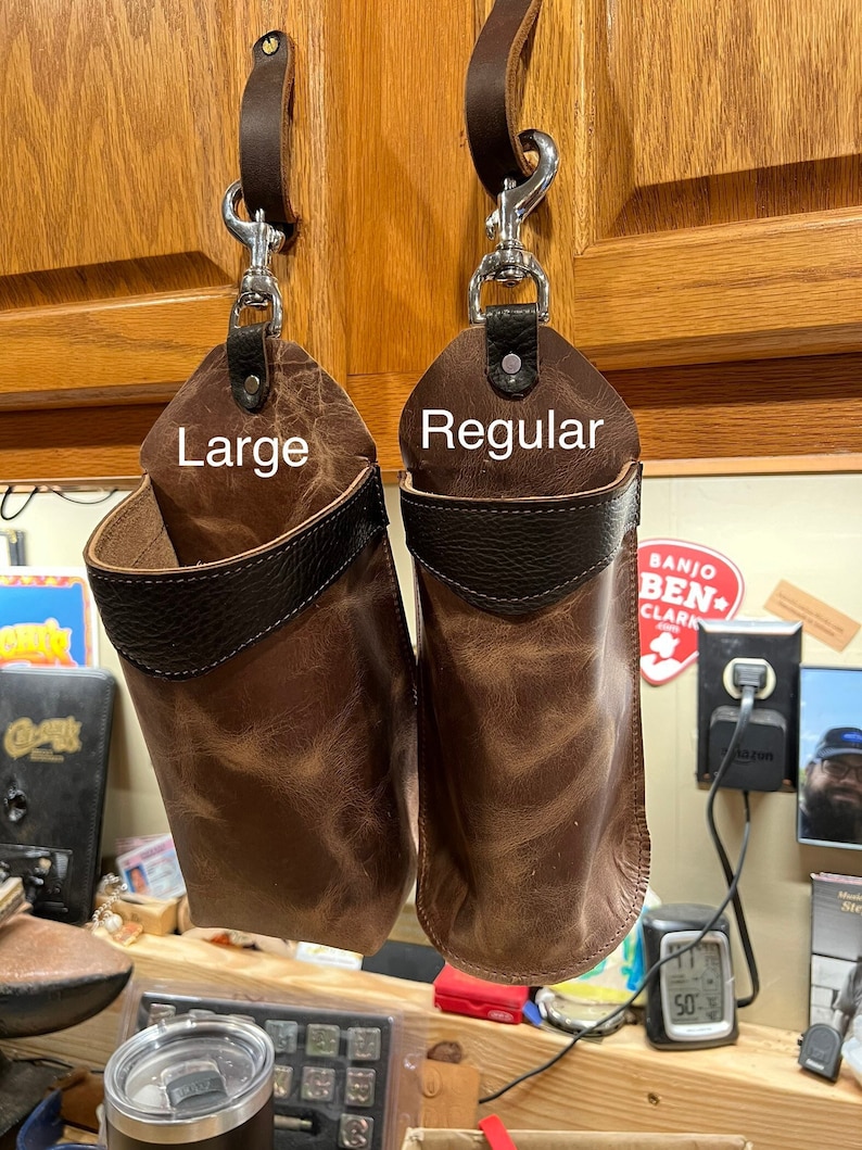 Handmade Leather Bottle Holder, Tooled Trim, Travel Mug Holder for Saddle, Saddlebag, Made in USA