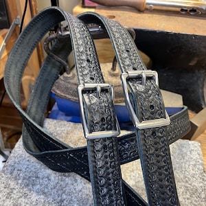 Handmade Leather Suspenders, Tooled Basket Weave, Full Grain Leather, Amish Made in USA