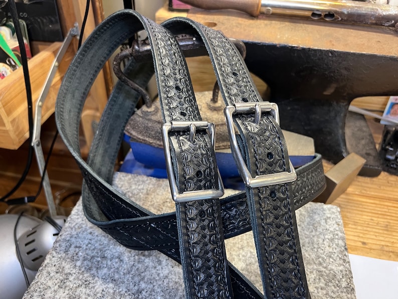 Handmade Leather Suspenders, Tooled Basket Weave, Full Grain Leather, Amish Made in USA
