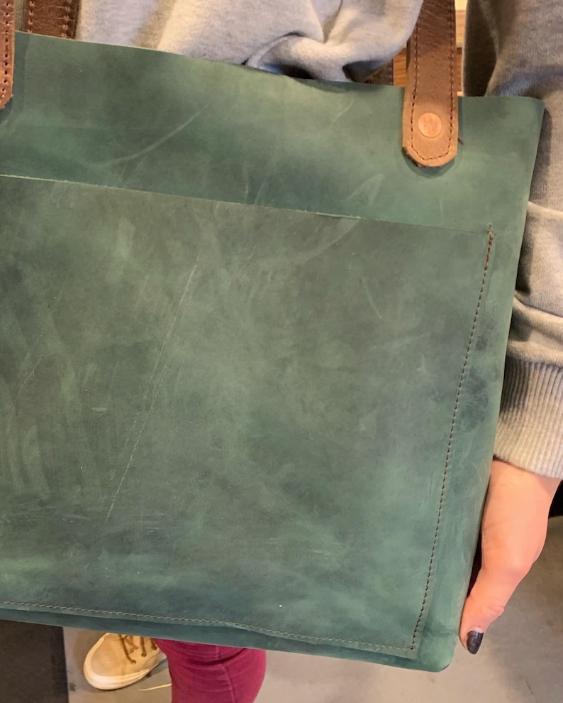 Green Leather Tote Bag Shoulder Bag Free Shipping Handmade Women's Handbag Brown Handles Front & Inside Pocket Made in USA 画像 2