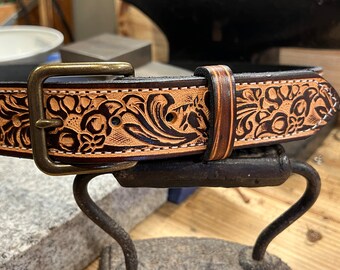 Leather Belt Floral Horse Head Embossed Full Grain Leather  display picture 1