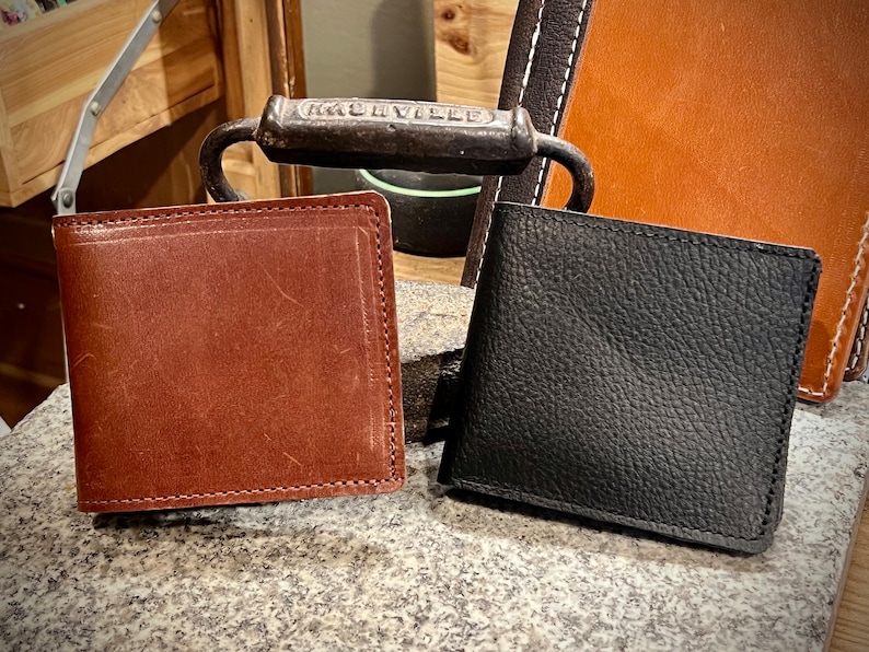 Leather Bifold Wallet English Bridle Leather Brown or Black Handmade Full Grain Optional Grommet for Chain Made in USA image 1