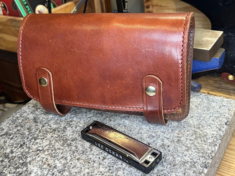 Leather Harmonica Case, Deluxe Harmonica Holder for Storage, Amish Handmade Harmonica Holster, Full Grain English Bridle Leather Made in USA