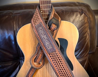Custom Leather Guitar Strap, Deluxe Hand Tooled Basket Weave, Personalized Wool Padded, Amish Handmade, Gift for Guitar Player, Made in USA