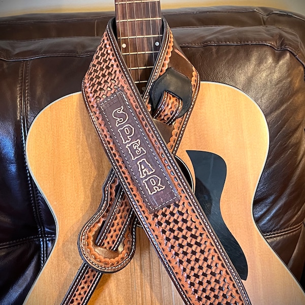 Custom Leather Guitar Strap, Deluxe Hand Tooled Basket Weave, Personalized Wool Padded, Amish Handmade, Gift for Guitar Player, Made in USA