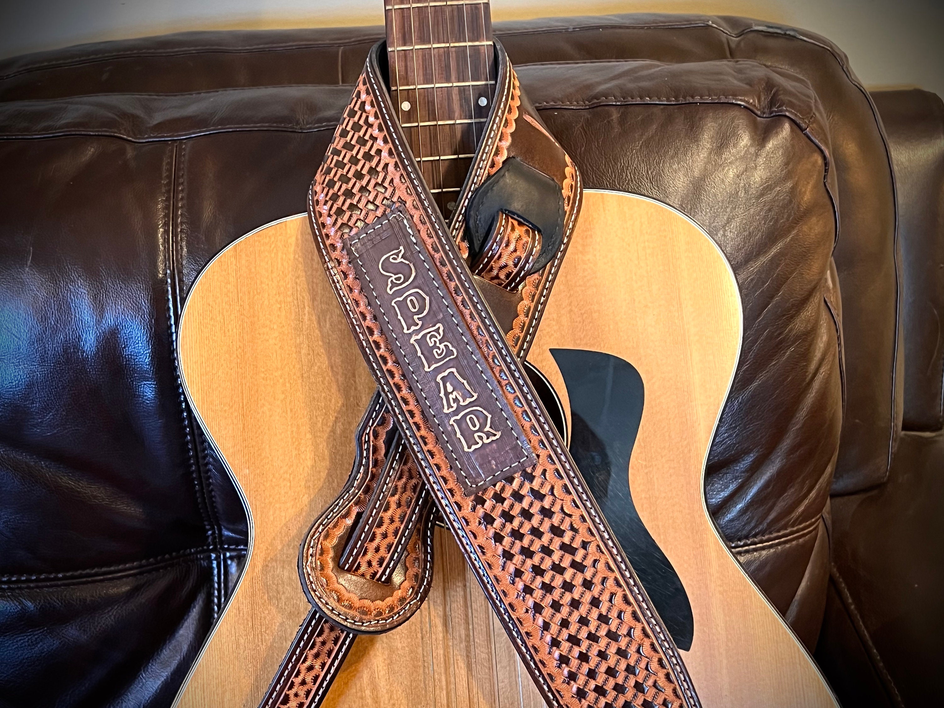 Custom Leather Guitar Strap, Deluxe Hand Tooled Basket Weave