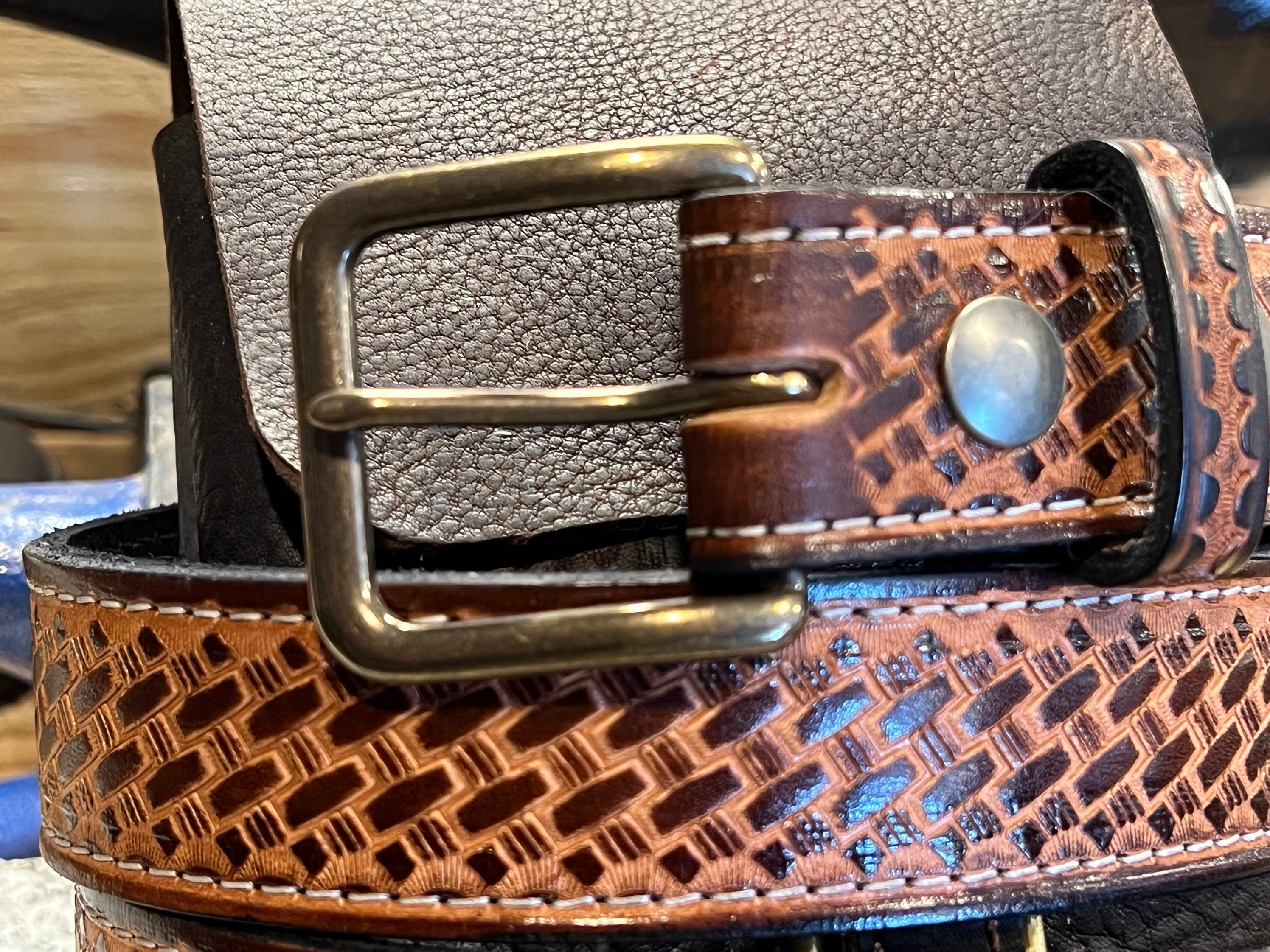 Basket Weave Leather Belt - / Full Grain Leather Embossed Basket Weave Leather Belt - / Full Grain Leather Embossed