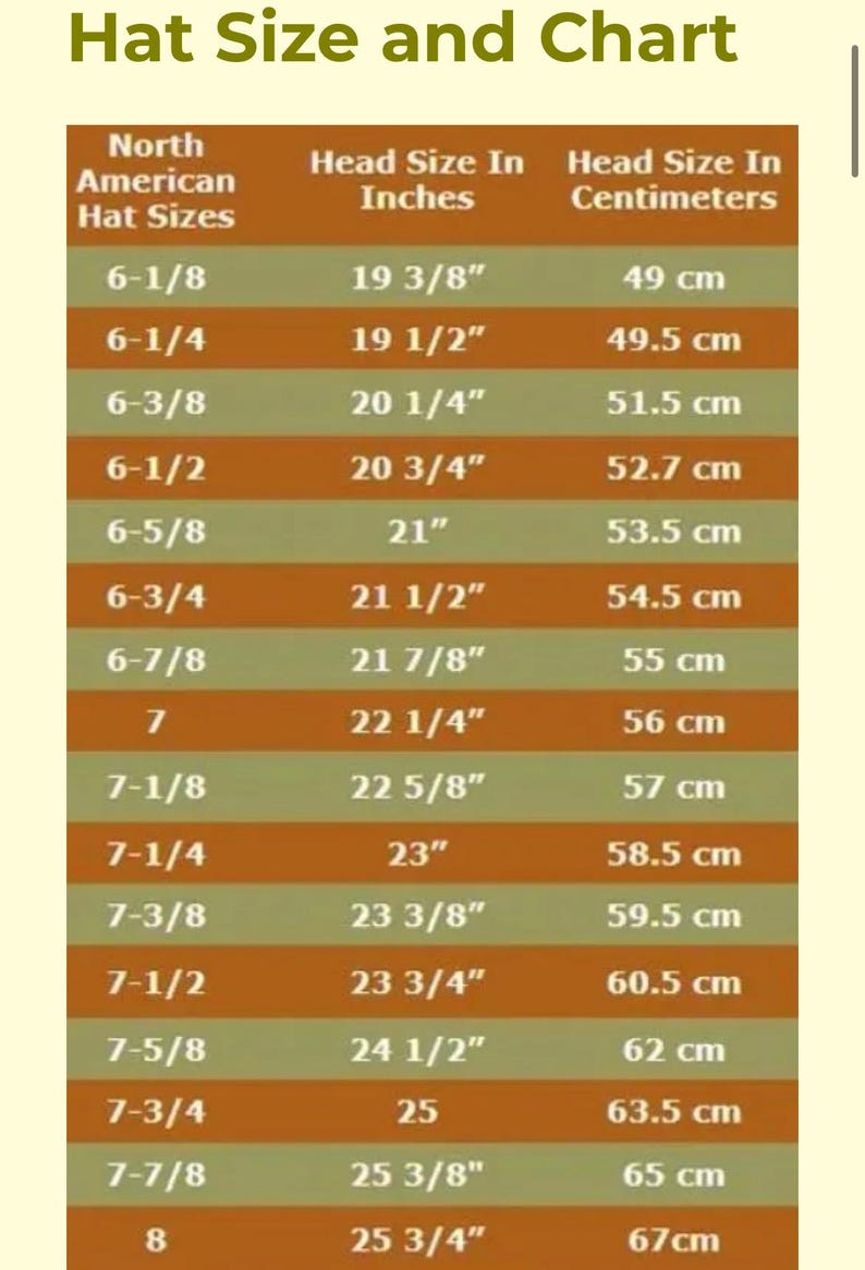 May include: A chart titled "Hat Size and Chart" with North American hat sizes, head sizes in inches, and head sizes in centimeters. Sizes range from 6-1/8 (19 3/8" or 49 cm) to 8 (25 3/4" or 67 cm).