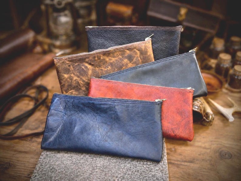 Leather Money Bag, Bank Bag, Solid Brass Zipper, Handmade Cash Storage Pouch, Full Grain Buffalo Leather, Personalized, Made in USA
