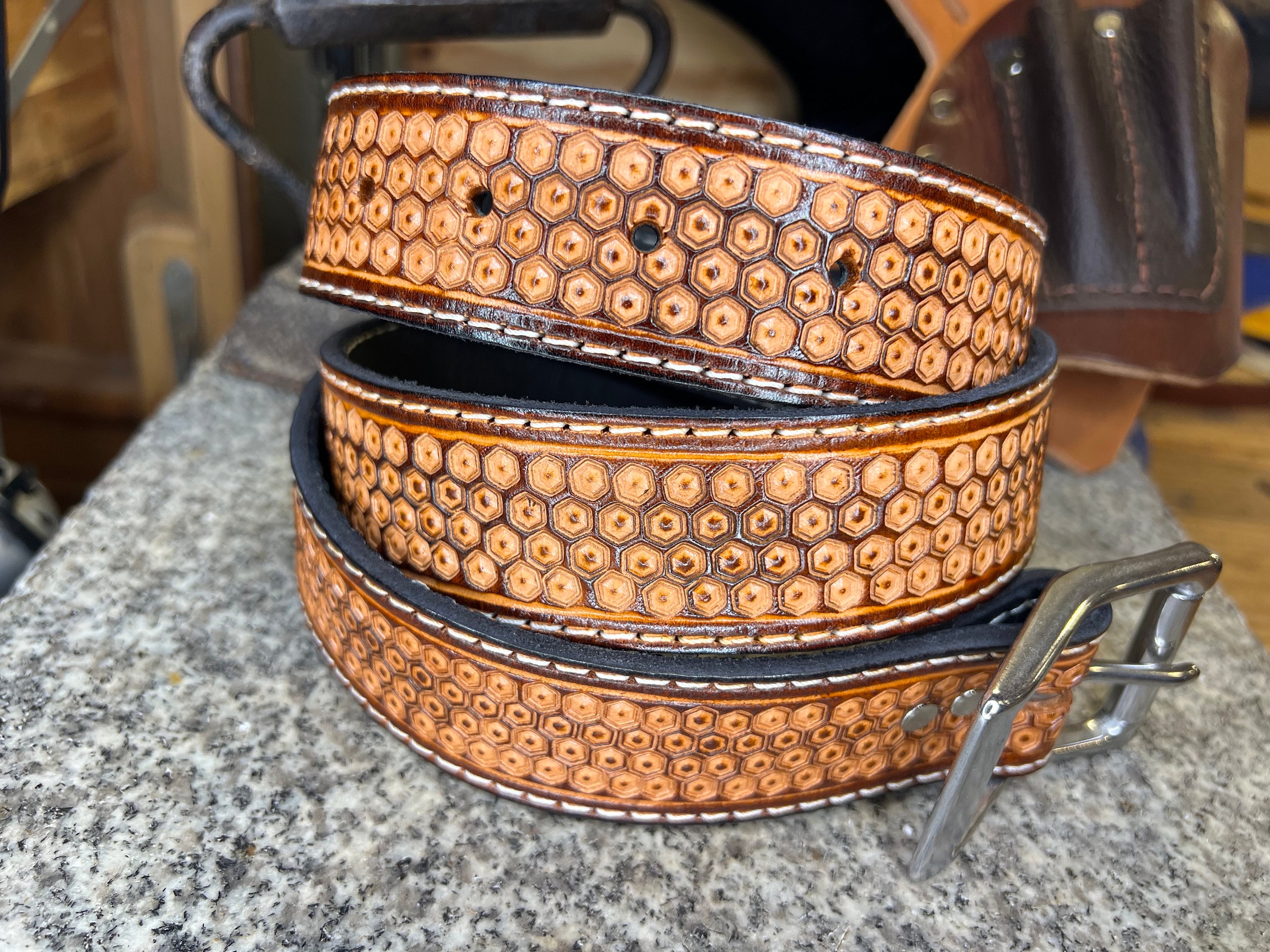 Honeycomb Tooled Leather Belt, Handmade Full Grain Leather, Gift
