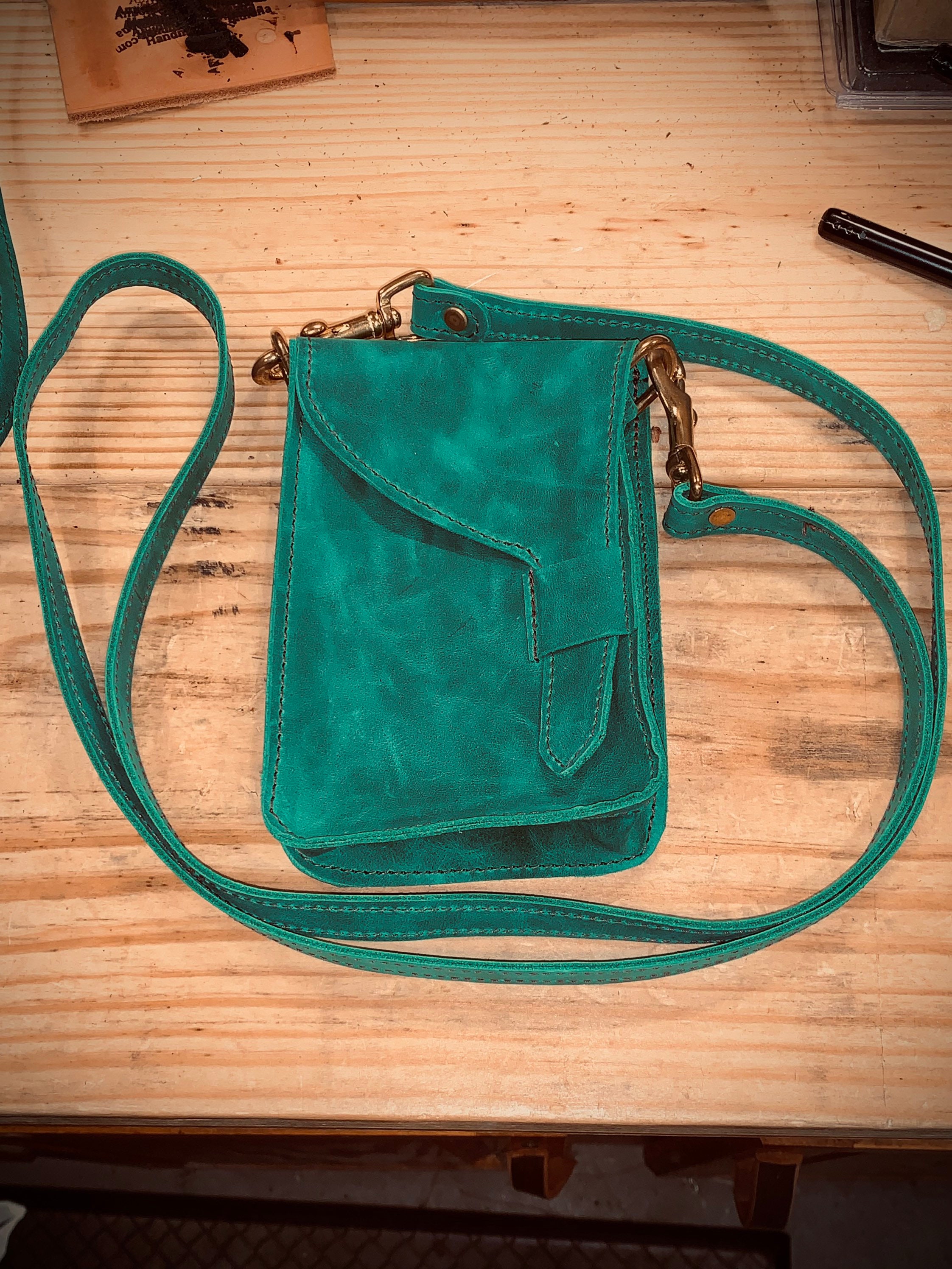 Leather Cross Body Satchel in Emeral Green