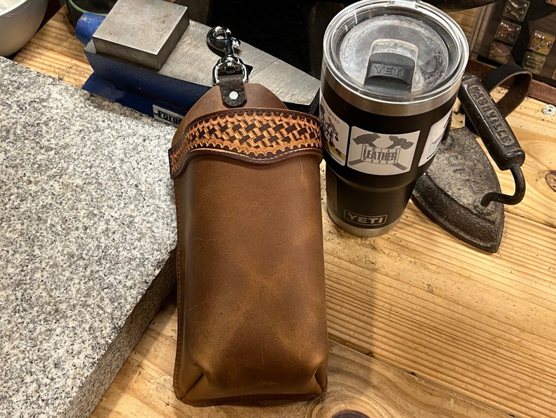 Handmade Leather Bottle Holder, Tooled Trim, Travel Mug Holder for Saddle, Saddlebag, Made in USA
