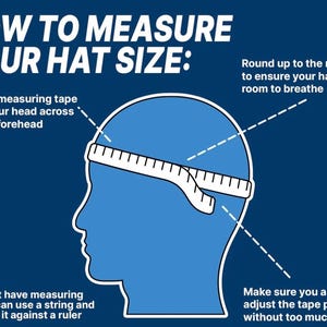 May include: Diagram illustrating how to measure head size for hats. A blue silhouette of a head shows where to place a measuring tape. Text explains to round up to the next 1/8" and use a string if a tape measure is unavailable.