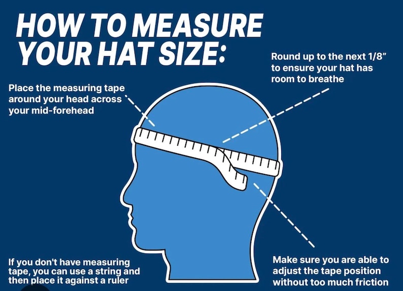 May include: Diagram illustrating how to measure head size for hats. A blue silhouette of a head shows where to place a measuring tape. Text explains to round up to the next 1/8" and use a string if a tape measure is unavailable.