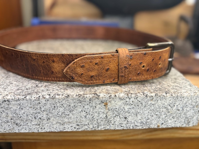Ostrich Leather Belt for Men, 1.5” Handmade Full Grain Leather, Changeable Buckle, Made in USA