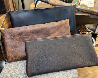 Leather Money Bag, Bank Bag, Solid Brass Zipper, Handmade Cash Storage Pouch, Full Grain Buffalo Leather, Personalized, Made in USA