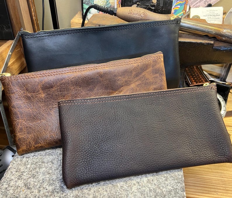 Leather Money Bag, Bank Bag, Solid Brass Zipper, Handmade Cash Storage Pouch, Full Grain Buffalo Leather, Personalized, Made in USA
