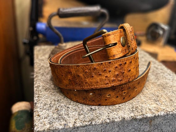 Ostrich Leather Belt for Men, 1.5” Handmade Full Grain Leather, Changeable Buckle, Made in USA