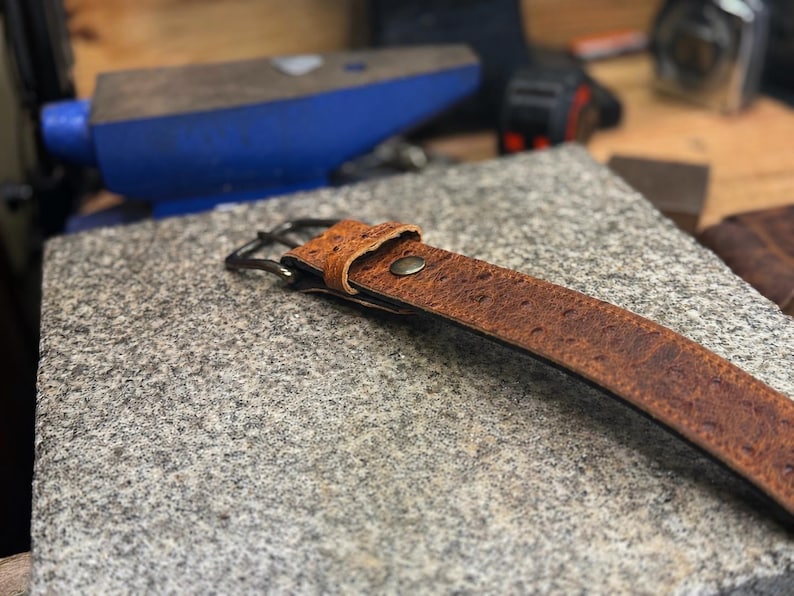Ostrich Leather Belt for Men, 1.5” Handmade Full Grain Leather, Changeable Buckle, Made in USA