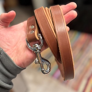 May include: A brown leather dog leash with a silver-colored metal clasp. The leash is made of a single strip of leather and is folded over itself. The leash is a medium brown color.