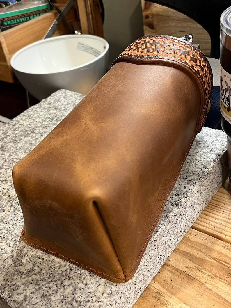 Handmade Leather Bottle Holder, Tooled Trim, Travel Mug Holder for Saddle, Saddlebag, Made in USA