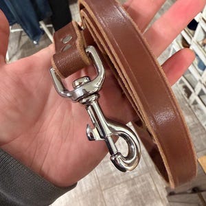 May include: A brown leather dog leash with a silver-colored metal clasp. The leash is made of a single strip of leather and is held in a hand. The clasp is a swivel type, allowing for movement.