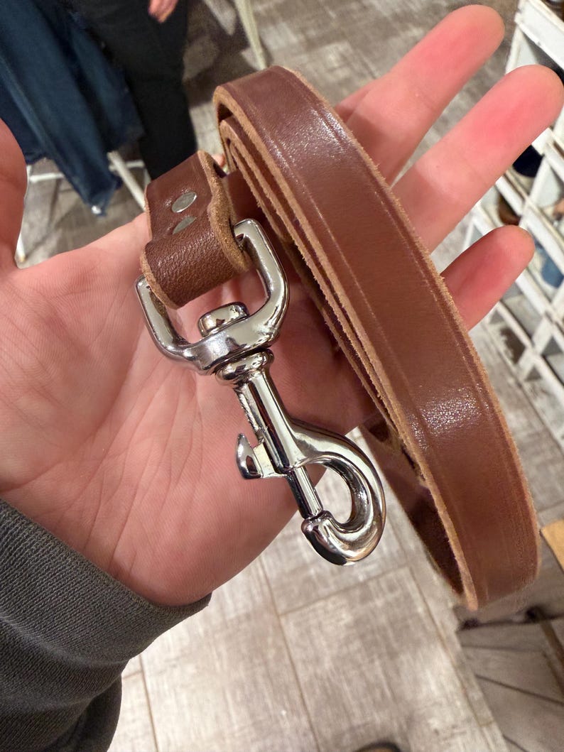 May include: A brown leather dog leash with a silver-colored metal clasp. The leash is made of a single strip of leather and is held in a hand. The clasp is a swivel type, allowing for movement.