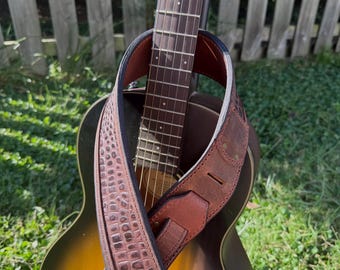 Alligator Leather Inlay Guitar Strap, Handmade Full Grain, Amish Made in USA