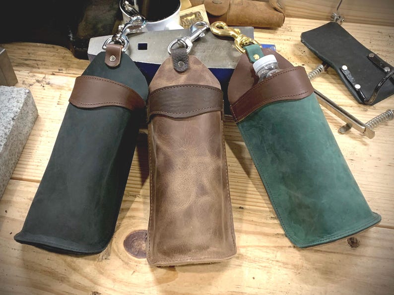 Handmade Leather Bottle Holder for Saddle, Full Grain Leather, Amish Made in USA