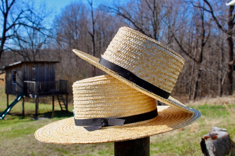 Amish Straw Hat, Genuine Historic Old Order Hat, Handmade Sun Hat, Adult and Children Sizes, Made in USA, Ribbon Hat Band, Leather Hat Band