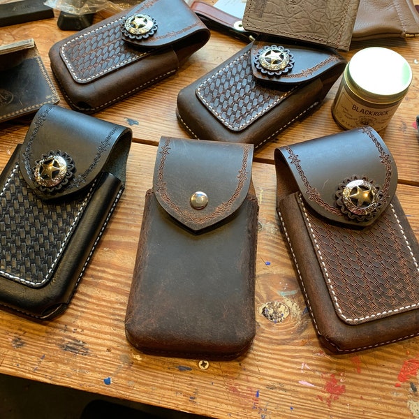 Leather Phone Case with Belt Clip and Belt Loop, Buffalo Leather Hand Tooled Phone Holster, Amish Handmade, Magnetic Closure, Made in USA