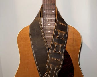 Lightweight Leather Guitar Strap - Vintage Brown w/ White Stitching - Full Grain Leather, Handmade in USA