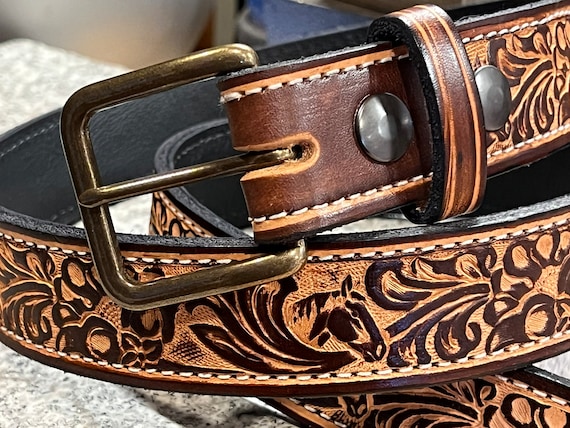 Burnished Hand Tooled Floral Hand Crafted Brass Buckle Leather Belt Size Medium Men main image 4