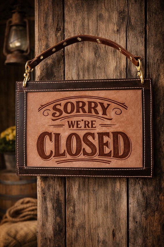 Leather Open Closed Sign, Rustic Shop Welcome Sign, Handmade