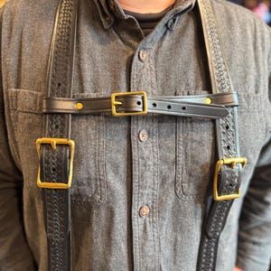 Handmade Leather Suspenders, Tooled Basket Weave, Full Grain Leather, Amish Made in USA