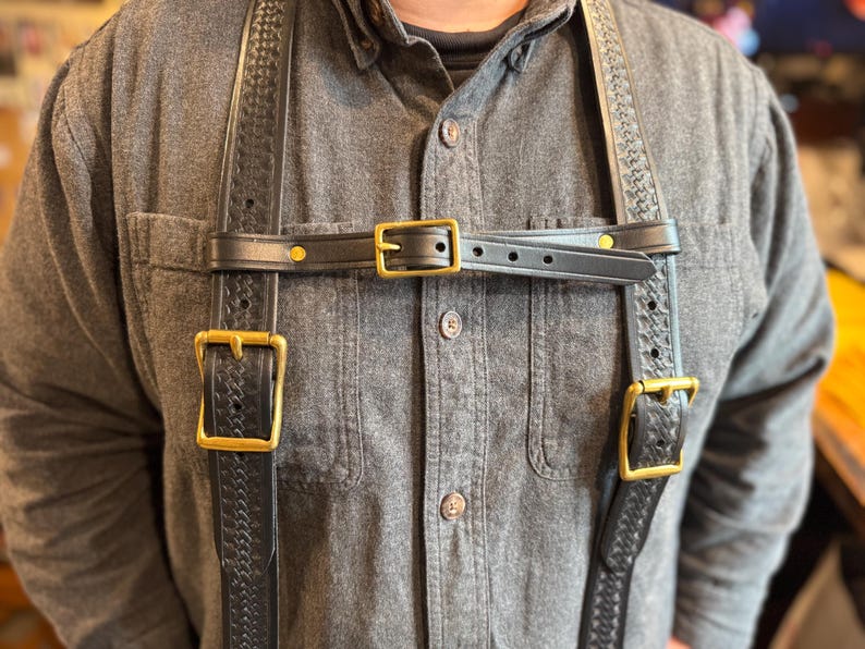 Handmade Leather Suspenders, Tooled Basket Weave, Full Grain Leather, Amish Made in USA