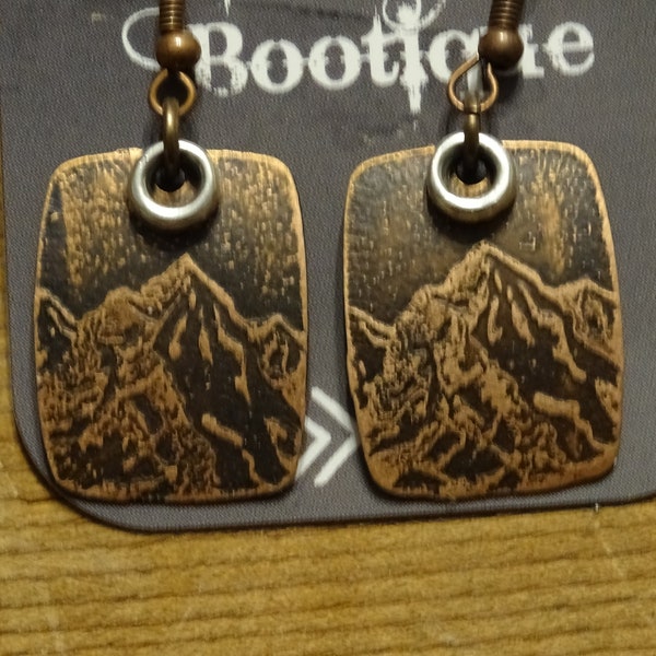 Handmade acid etched copper mountain earrings