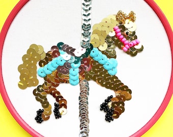 Carousel Horse, Embroidery Hoop Wall Art, Embellished Sequin Art, Cute Wall Art, Christmas Gift, Home Decor, Christmas Decoration, Hoop