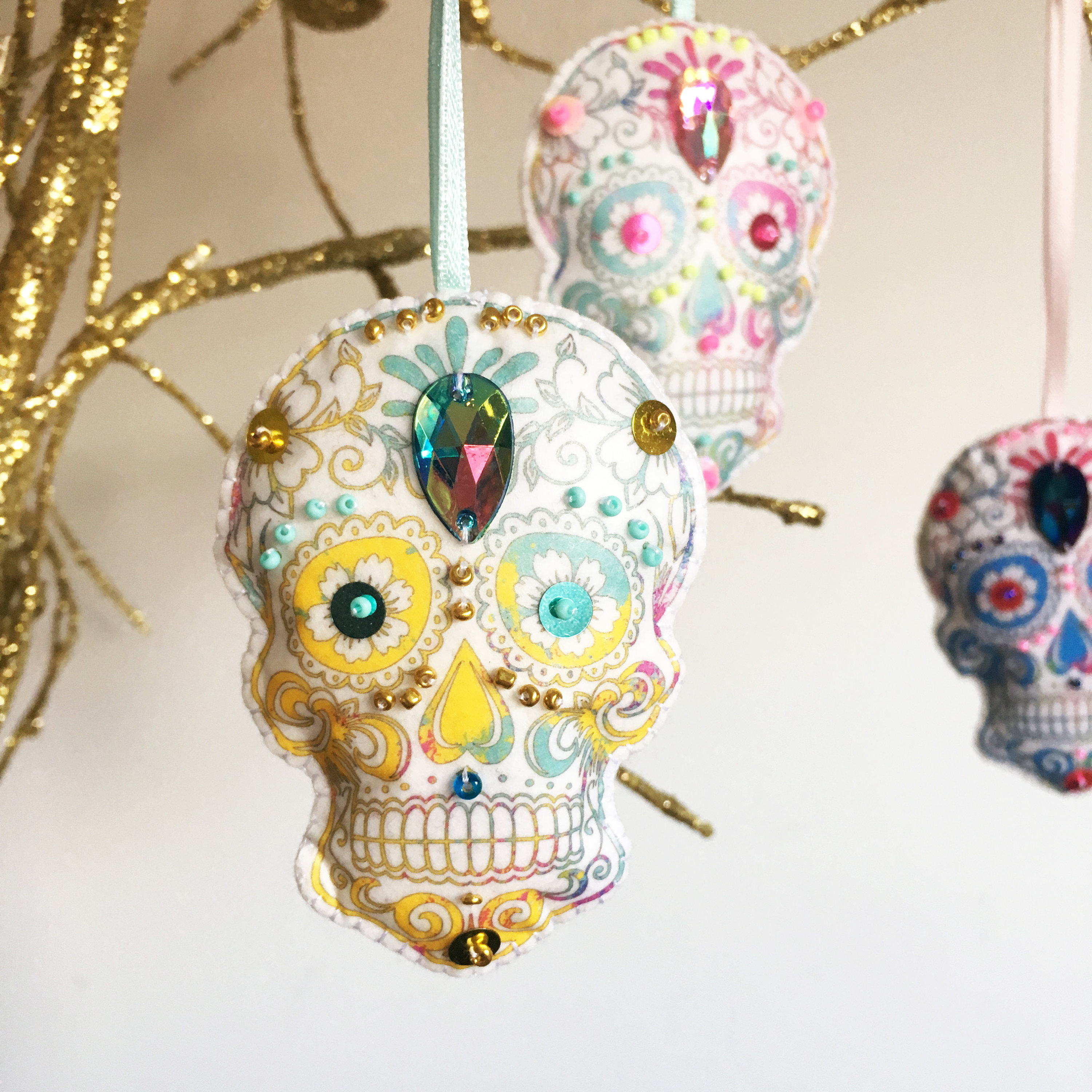 3 Sugar Skull Christmas Decorations, Mexican Day of the Dead Christmas