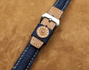 Watch strap, band, leather/denim, 22mm, " Combo" Series, T1064