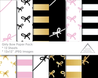 Girly Bow Paper Pack, Black Pink and Gold Digital Papers, stripes, bow tie, small commercial use, jpeg files, foil paper pattern