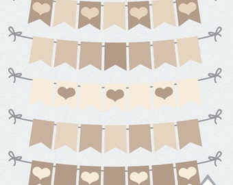 Rustic Heart Banner, Wedding Heart Banner, Valentine Banner, Valentine's Day, Small Commercial Use, PNG, Bunting, love, tan, beige, brown
