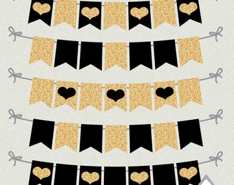 Black and Gold Heart Banner, Banner Clipart, Clip art Banner, Gold Bunting, Valentine's Day, Wedding, Bridal Shower, PNG Bunting Banner