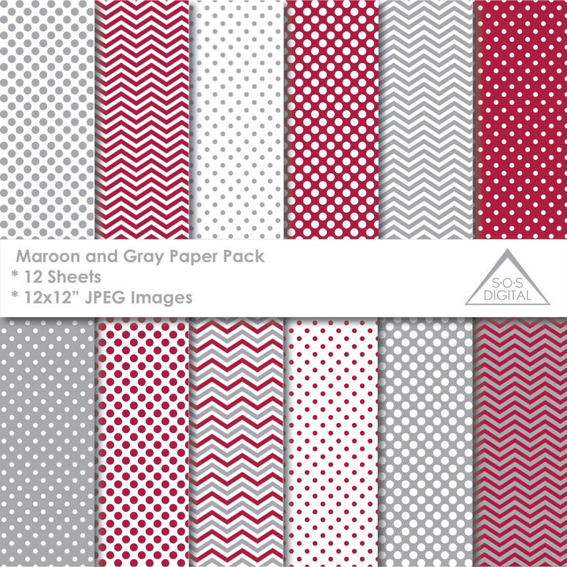 Maroon and Gray Digital Papers, Chevron, Polka dots, Small Commercial Use Patterns, scrapbooking papers, printable paper, classic, basic image 1